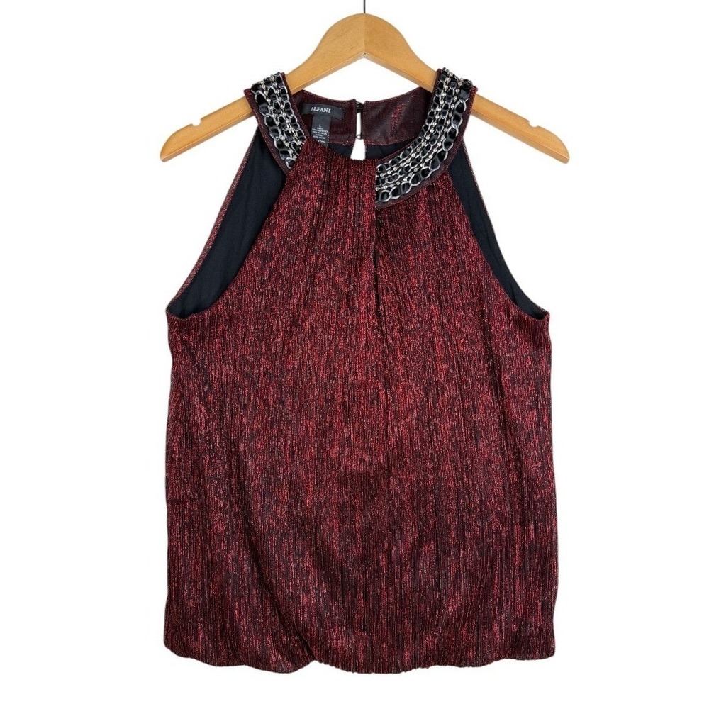 Alfani Womens Glam Red Wine Metallic Sleeveless Blouse Size Large Bubble Hem